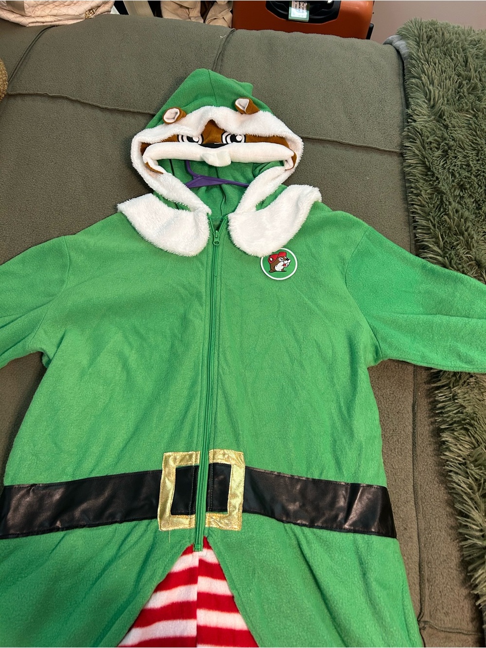 Bucees Green Plush Elf Hooded Pajamas White Trim and Belt Detail